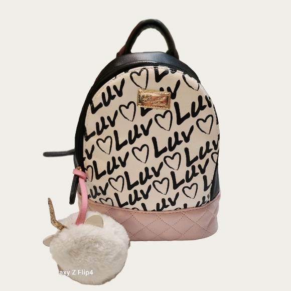 Betsey Johnson Black and Pink Heart Backpack, EUC - Picture 1 of 16